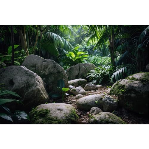 Reptile Habitat Backdrop Lush Tropical Plants and Rocks Terrarium Backdrop Dense Vegetation with Large Broad Leaves and Ferns Fish Tank Background Aquarium Wallpaper Poster Decor Vinyl 24x12in - color: Rock Grey, size: 24(W)x12(H)inches/ 60(W)*30cm(H)