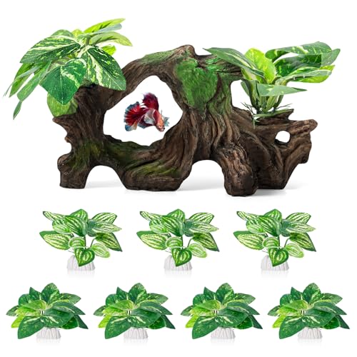8 Pcs Driftwood Cave Aquarium Decor Decor Silk Aquarium Plants Leaves are Soft and Safe for Aquarium Decoration and Fish Tank Decoration