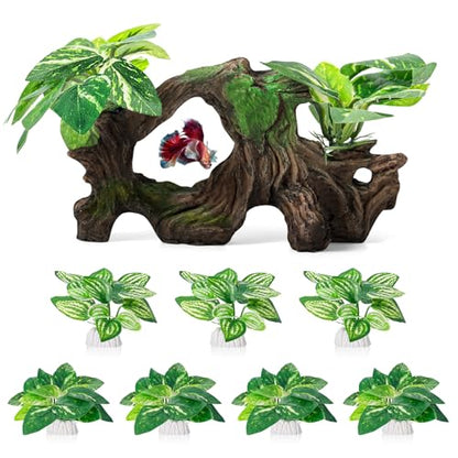 8 Pcs Driftwood Cave Aquarium Decor Decor Silk Aquarium Plants Leaves are Soft and Safe for Aquarium Decoration and Fish Tank Decoration