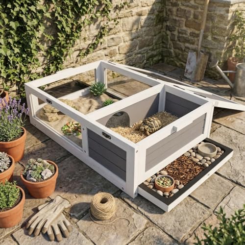 39.5" Wood Tortoise House Indoor Outdoor Turtle Habitat - XL Small Animal Hutch with 3 Acrylic Windows, Waterproof Pull-Out Tray & Sleeping Area for Lizards, Geckos, Snakes, Grey