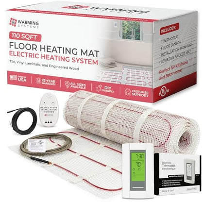 110 Sqft 120V Electric Radiant Floor Heating Mat – Includes Heating Mat, Programmable Thermostat, Thermostat Floor Sensor, Installation Monitor and Under Tile Heater - size: 110 Sq Ft (120 Volt)
