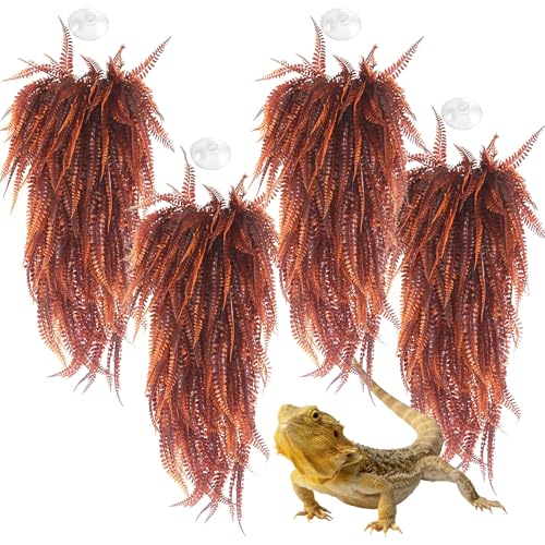 Hamiledyi Reptile Plants 4 PCS Hanging Terrarium Plants Vines with Suction Cup Fake Amphibian Plants for Bearded Dragons,Lizards,Geckos,Snake and Hermit Crab Tank Habitat Decorations 33 inches - color: 4pcs Sunset Red Persian Fern
