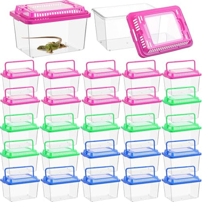 LemonRoad 25 Pcs Plastic Reptile Terrariums Carrier Cage Enclosure Snake Breeding Box Hatching Container Transparent Fish Tank with Ventilated Lid for Tarantula Spider Turtle Lizard (5.1x3.5x3.5 Inch)