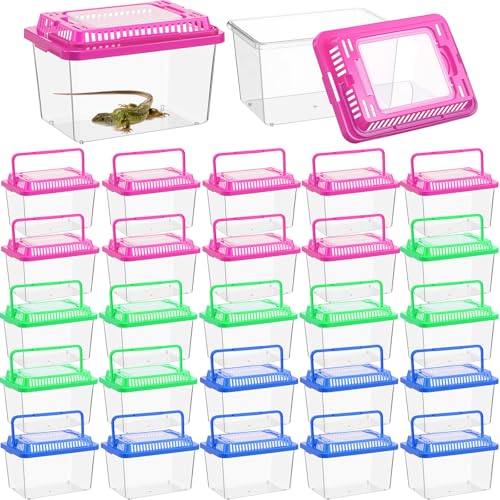 LemonRoad 25 Pcs Plastic Reptile Terrariums Carrier Cage Enclosure Snake Breeding Box Hatching Container Transparent Fish Tank with Ventilated Lid for Tarantula Spider Turtle Lizard (5.1x3.5x3.5 Inch)