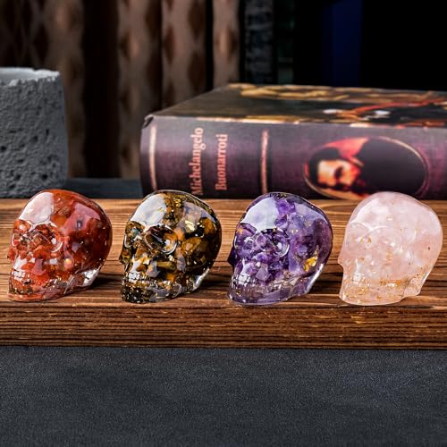 4 PCS Natural Crystal Skulls Halloween Realistic Looking Skulls Human Skeleton Head for Halloween Bar Home Table Decoration Gift (4-PCS-1)