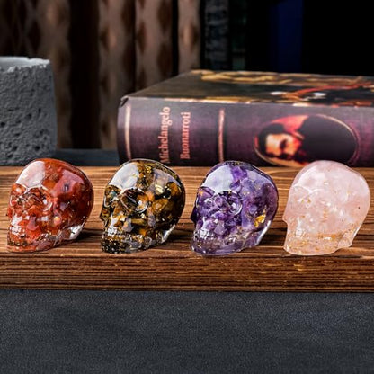 4 PCS Natural Crystal Skulls Halloween Realistic Looking Skulls Human Skeleton Head for Halloween Bar Home Table Decoration Gift (4-PCS-1)