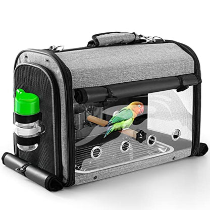 Bird Carrier Bag with Stand, Lightweight Backpack for Parrot, Portable Cockatiel Travel Cage with Accessories, Pet Transparent Breathable Carrier - size: 17.6"L x 10.6"W x 13.3"H