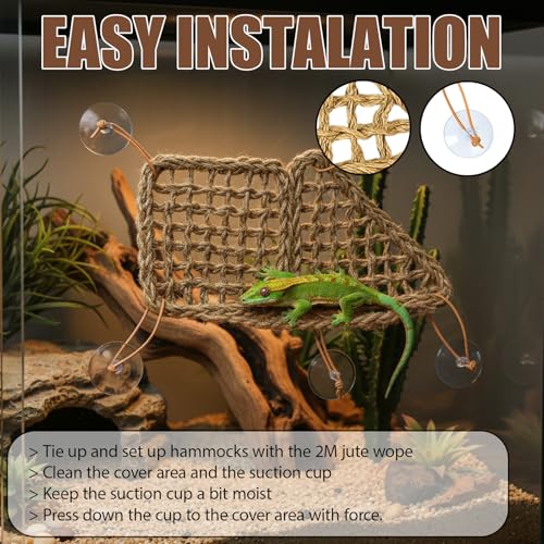 3PC Reptile Hammock, Bearded Dragon Hammock, Climbing Set with Wooden Ladder, Ideal for Reptile Habitat Enrichment, Includes Triangle and Square Pads for Lizards, Geckos, Tortoises