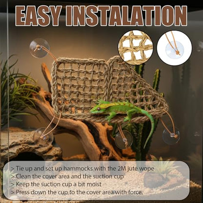 3PC Reptile Hammock, Bearded Dragon Hammock, Climbing Set with Wooden Ladder, Ideal for Reptile Habitat Enrichment, Includes Triangle and Square Pads for Lizards, Geckos, Tortoises