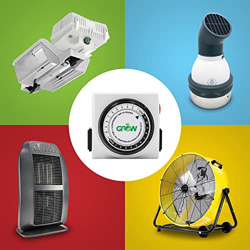 Grow1 Dual Outlet Mechanical Timer 24 Hour Hydroponics Grow Light Timers Electrical Outlets, Universal Wall Plug 3-Prong Grounded Outlet, UL Listed, 120v
