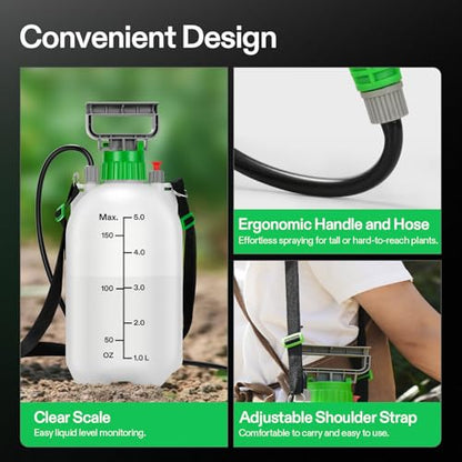 VIVOSUN 1.35 Gal/5L Pump Sprayer, Garden Water Sprayer for Plants, Weeds & Lawn Care, with 3 Nozzles, 50'' Long Hose & Pressure Relief Valve - size: 1.35 gal