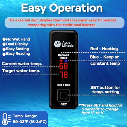 AquaMiracle 15W Small Aquarium Heater Fish Heater, Super Mini Fish Tank Heater Turtle Tank Heater for 1-3 Gal Tanks, with Dual LED Display, Dry-Run/Overheating Protection & Memory Function - size: 1-3 Gal Tanks