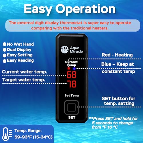 AquaMiracle 100W Small Aquarium Heater Fish Heater, Super Mini Fish Tank Heater Turtle Tank Heater for 10-20 Gal Tanks, with Dual LED Display, Dry-Run/Overheating Protection & Memory Function - size: 10-20 Gal Tanks