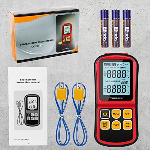 Leaton Digital Thermometer Dual Channel Thermometer Temperature Thermometer with Two K-Type Thermocouple Probe Backlight LCD K Type Thermometer for K/J/T/E/R/S/N Thermocouple