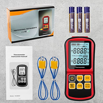 Leaton Digital Thermometer Dual Channel Thermometer Temperature Thermometer with Two K-Type Thermocouple Probe Backlight LCD K Type Thermometer for K/J/T/E/R/S/N Thermocouple