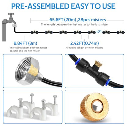 homenote Misting Cooling System 75FT(23M) Pre-Assembled Kit with 28 Brass Nozzles & 3/4" Brass Adapter, Outdoor Mister for Patio, Backyard, Pergola & Greenhouse - size: 75FT / 23M