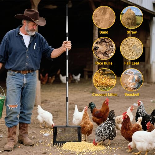 15inch Extra Large Chicken Poop Scooper,Adjustable Chicken Coop Scooper for Poop，Stainless Steel Chicken Poop Scooper Rake with 24 to 68" Handle,Litter Scooper Sifting Shovel Chicken Coop - color: Black