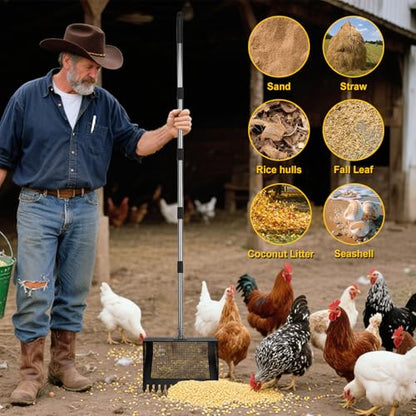 15inch Extra Large Chicken Poop Scooper,Adjustable Chicken Coop Scooper for Poop，Stainless Steel Chicken Poop Scooper Rake with 24 to 68" Handle,Litter Scooper Sifting Shovel Chicken Coop - color: Black