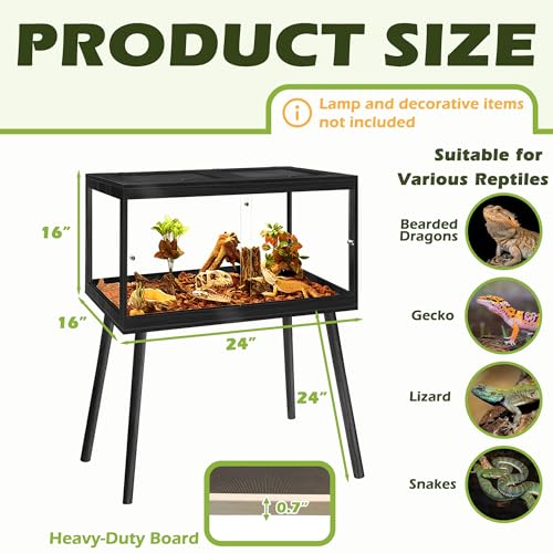PROLEE Bearded Dragon Tank with Leg Stand 22 Gallons, Wooden Lizard Tank,Reptile Tank with Metal Mesh Roof Door, Acrylic Panel Snake Tank with Lock Design (Black, 24"x16"x16") - color: Black, size: 24"x16"x16"