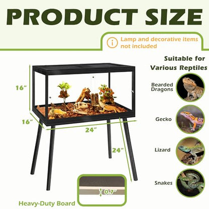 PROLEE Bearded Dragon Tank with Leg Stand 22 Gallons, Wooden Lizard Tank,Reptile Tank with Metal Mesh Roof Door, Acrylic Panel Snake Tank with Lock Design (Black, 24"x16"x16") - color: Black, size: 24"x16"x16"