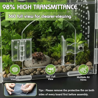 Acrylic Jumping Spider Enclosure (5.9" x 4.7" x 5.5") - Magnetic Door & Handle Terrarium for Tarantulas, Reptiles, Amphibians & Insects - All-Round Transparent, Easy Assembly & Feeding