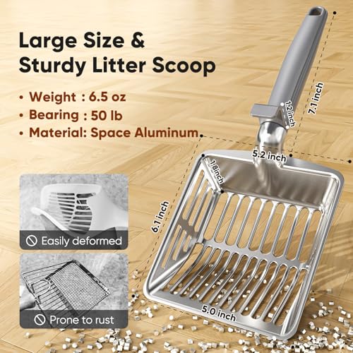 Metal Cat Litter Scoop, Large Cat Scooper with Deep Shovel & Dual Sifting Holes for Fast & Precise Sifting, Space Aluminum Kitty Litter Scooper with Long Handle & Easy-to-Hang Hook - Grey - color: Grey