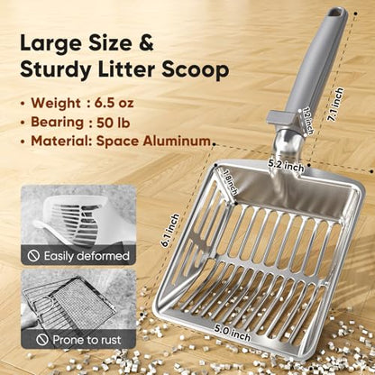 Metal Cat Litter Scoop, Large Cat Scooper with Deep Shovel & Dual Sifting Holes for Fast & Precise Sifting, Space Aluminum Kitty Litter Scooper with Long Handle & Easy-to-Hang Hook - Grey - color: Grey
