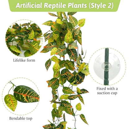 Hamiledyi 5 Pcs Reptile Plants Terrarium Hanging Fake Plant Leaves, Bearded Dragon Tank Accessories, Habitat Decor for Snake Leopard Gecko Lizard Chameleon Spider Turtle (Style 3) - size: 5 PCS - Style 3
