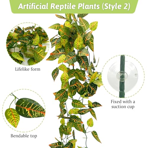 Hamiledyi 5 Pcs Reptile Plants Terrarium Hanging Fake Plant Leaves and Reptile Plants Fake Amphibian Plants 2 Pcs Artificial Leaves for Snake, Lizard, Chameleon