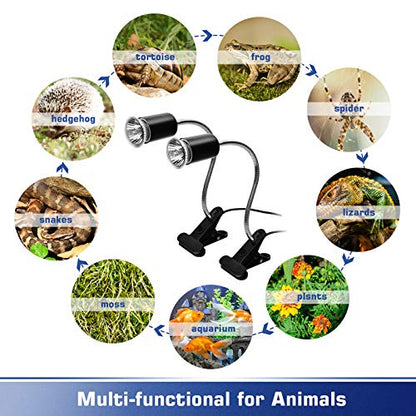 Reptile Heat Lamp with Flexible Gooseneck Stands, 2 Lamps, 360° Rotatable Clips, UVA + UVB Spectrum for Terrariums (2, Black)