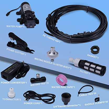 Fogland Pump Misting System: Outdoor Misting System 49ft Misting Cooling System with 16pcs 0.016" Orifice Thread Stainless Steel Misting Nozzle for Patio Garden Backyard - size: 0.016" Orifice/49FT with 12V Pump