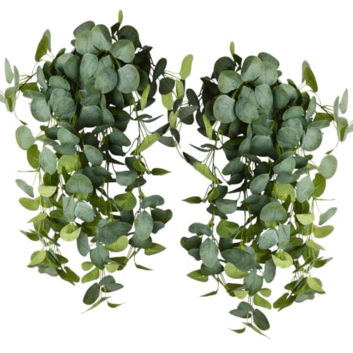 2pcs Artificial Hanging Plants Fake Eucalyptus Hanging Plant Artificial Greenery Vine Outdoor Plastic Plants (2, Green)