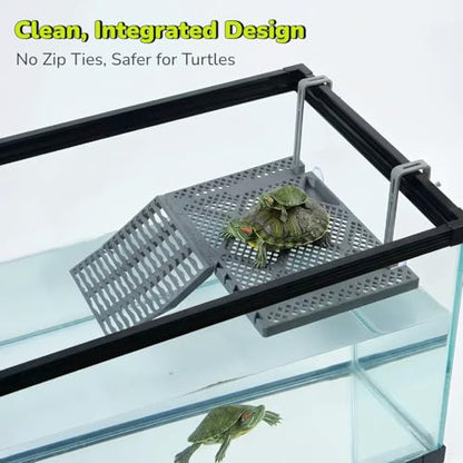 Large SolidForm Hanging Turtle Basking Platform with Built-in Food Tray, Zero Zip-Tied, Non-Slip Ramp Terrace, Resting Turtles Dock, for 50–120 Gallon Aquariums Turtle Turtle Tank Accessories - size: Large（12.6×8.7inches）