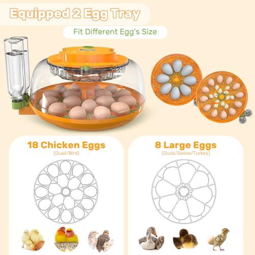 18 Egg Incubators for Hatching Eggs, Egg Incubator Incubator with Automatic Turning and Humidity Control, Auto Water Replenishment, 2 Size Trays, Air Vent, for Chicken Duck Quail Goose Eggs