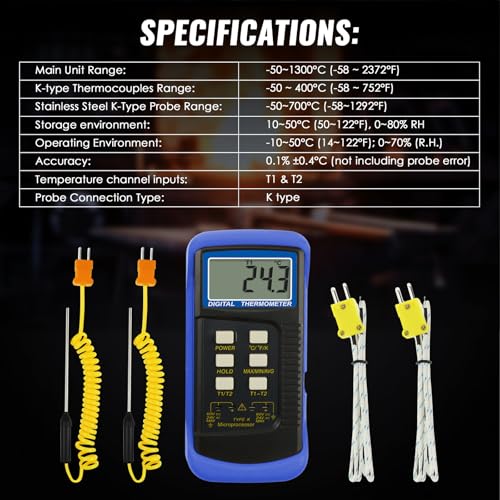 Digital K Type Thermometer with 4 Thermocouples, Dual Channels Thermocouple Tester with MAX/MIN/AVG Temperature Measurement (-501300C)
