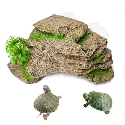 kathson Turtle Basking Platform with Suction Cups Tortoise Climbing Step Ledge Aquarium Ornament Rock Turtle Floating Dock Resting Basking Terrace for Amphibians Reptile (Yellow)