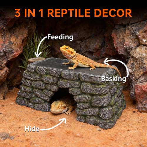 3 in 1 Bearded Dragon Basking Platform, Reptile Habitat Cave Hideout with Food Bowl, Aquarium & Terrarium Decor Accessories for Lizard Snake Gecko Turtle