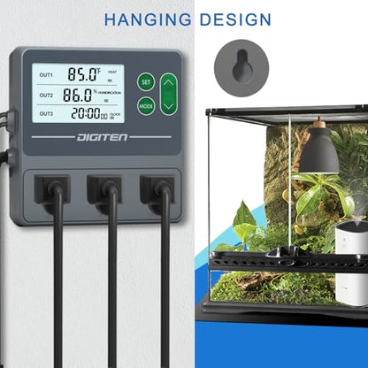 DIGITEN Temperature and Humidity Controller with Timer - 3 Outlet, 2 Separate Probes, Plug in Temperature Controller for Reptiles,Snake, Mushrooms, Tent, Triple Control for Temp,Humidity,Time