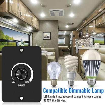Linkstyle 12V Dimmer Switch, Rotary ON/Off Dimmer for Car Trailers Van Truck RV 60W LED Lights, Halogen, Incandescent