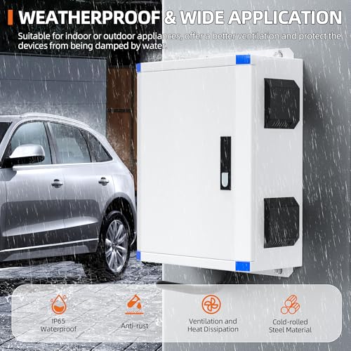 Joinfworld Outdoor Electrical Box 19.7"x15.7"x7.9" Metal Waterproof Vented Nema Enclosure with 12V Fan, Stainless Steel Junction Box with Cold Rolled Steel Plate Hinge Connection Din Rail - size: 19.7"x15.7"x7.9"