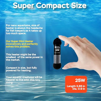 AquaMiracle 25W Small Aquarium Heater Fish Heater, Super Mini Fish Tank Heater Turtle Tank Heater for 3-5 Gal Tanks, with Dual LED Display, Dry-Run/Overheating Protection & Memory Function - size: 3-5 Gal Tanks