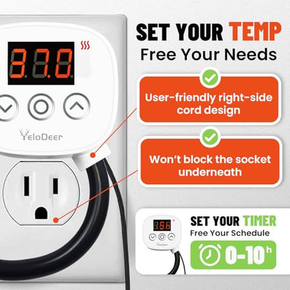Digital Heating Temperature Controller Outlet, 120V Plug-in Thermostat Switch 34-140°F, 0–10H Timer, for Pipe Heating Reptile Greenhouse Aquarium Brewing Seedling Breeding & Hatching