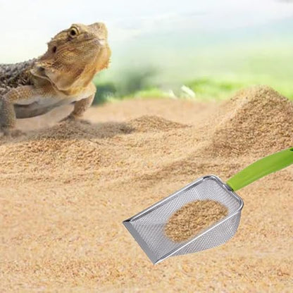 Reptile Sand Substrate Scoop Reptile Sand Fine Mesh Reptile Scooper Stainless Steel Terrarium Substrate Sand Bedding Litter Cleaner Scoop and Reptile Long Feeding Tongs Set (Green-2mm) - color: Green-2mm