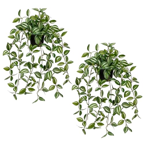 2 Pack Fake Hanging Plants for Shelf in Back Pot, Small Artificial Hanging Ivy Vine Plants Indoor Fake Potted Greenery Plant Decor Room Bathroom Wall End Table Mimi Faux Wandering Jew Plant Set - color: # Wandering Jew Green