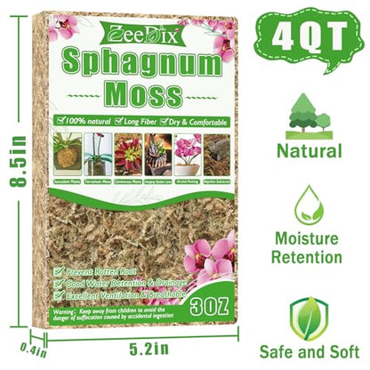 ZeeDix 4 qt Sphagnum Moss for Indoor Plants, Natural Dried Long Fiber Moss for Orchid Repotting, Carnivorous Plants, Succulents, Monstera, Flower & Reptile Terrariums Habitats (3 oz) - size: 3oz