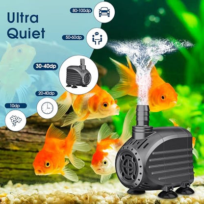 NFESOLAR Ultra Quiet Submersible Water Pump 120GPH Size 2.8Lx2.1Wx2.3H in | Water Pump with Dry Burning Protection, 5ft Cord, 3ft High Lift for Fountains, Waterfall, Hydroponics, Aquariums KF202 - size: 120GPH
