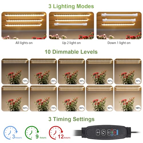 8.6'' LED Grow Light Strips, Full Spectrum 3500K Grow Lights for Indoor Plants, 3 Head with 3/9/12H Timer, 10 Dimmable Levels, Suitable for Seedling, Succulent, Plant Shelf and Greenhouse, 2-Pack - color: 3 Head 2 Pack
