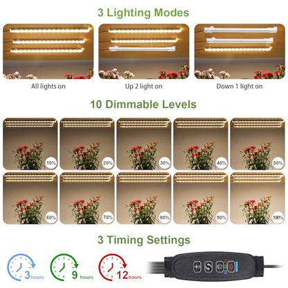 8.6'' LED Grow Light Strips, Full Spectrum 3500K Grow Lights for Indoor Plants, 3 Head with 3/9/12H Timer, 10 Dimmable Levels, Suitable for Seedling, Succulent, Plant Shelf and Greenhouse, 2-Pack - color: 3 Head 2 Pack