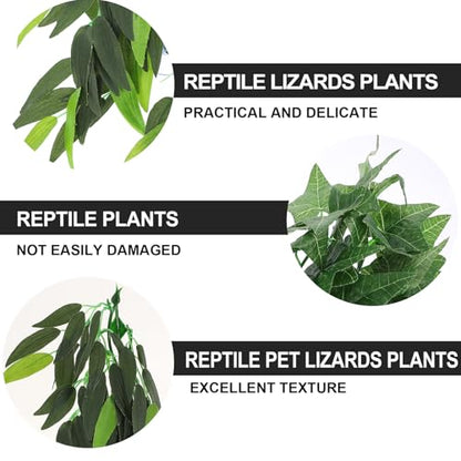 BESPORTBLE Reptile Habitat Plants Decoration Set with Suction Cups, 3pcs Green Vine Leaves for Lizard Terrarium, Leaf 12-inch and Two 30cm Artificial Climbing Plants for Gecko Snake