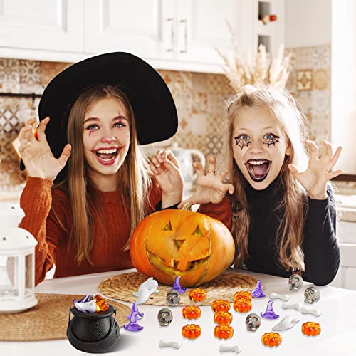 Deekin 240 Pcs Mini Skull Head Mini Pumpkin Acrylic Embellishment Set, Small Table Scatter Vase Filler Resin Ornaments Witch Hat Skeleton Bone Ghost Scrapbooking Thanksgiving Fall Autumn Party